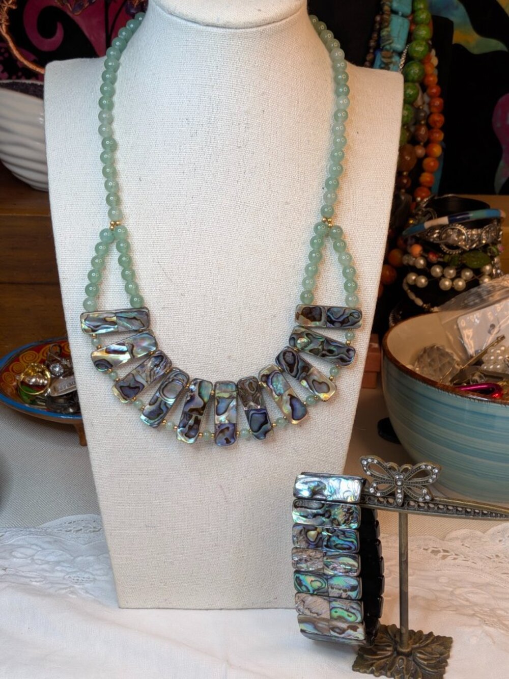 Lee Sands Jade and Abalone Necklace & Bracelet Set – Fringe Bib Style